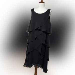 SLNY black sheer layers, lined formal dress